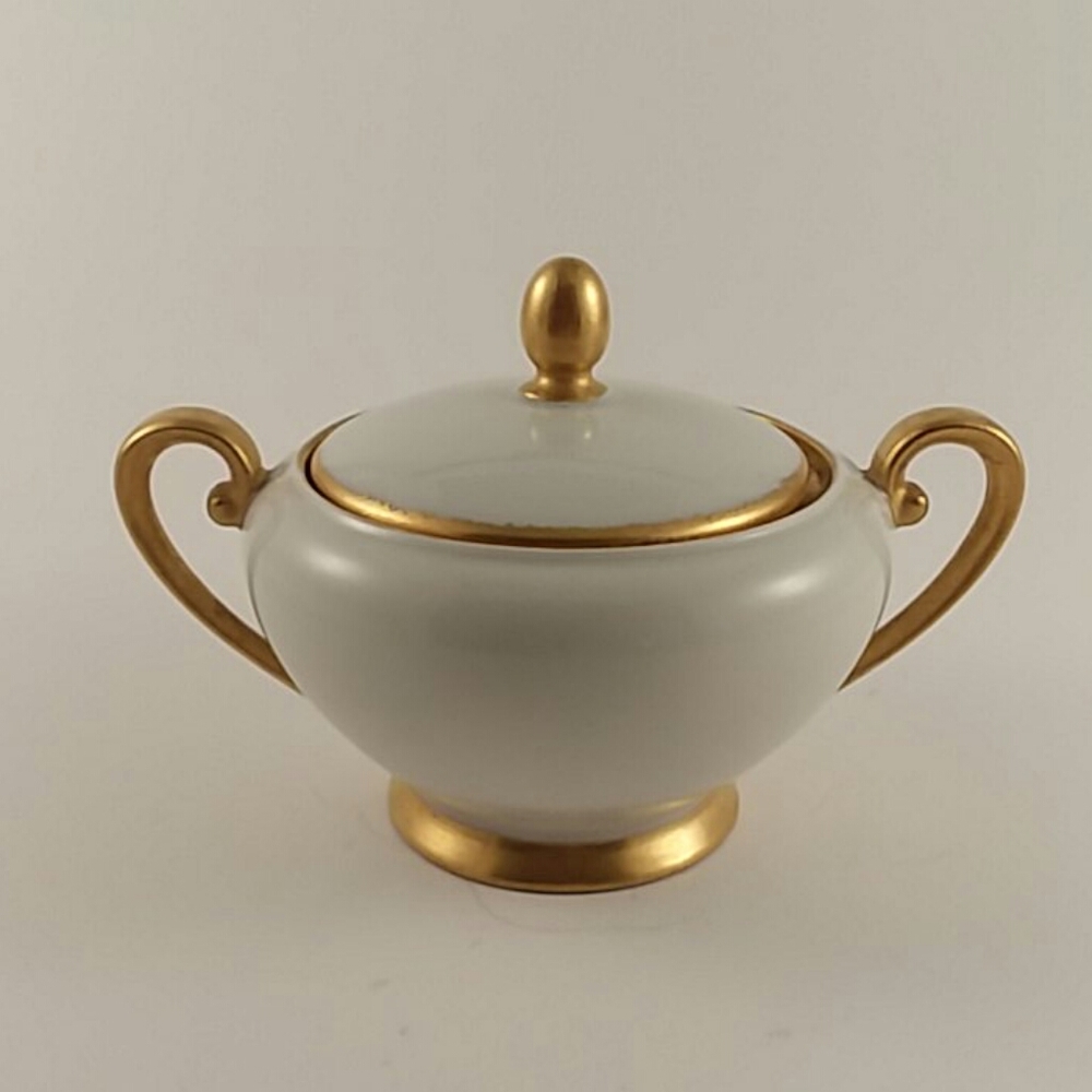 White/gold trimmed German sugar dish with lid